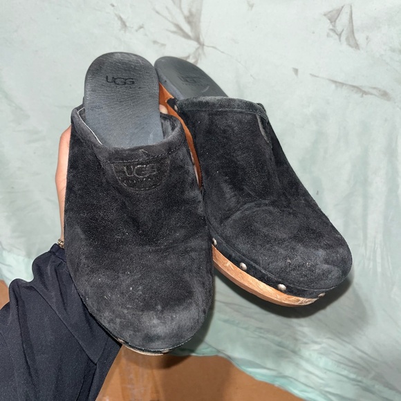 UGG Shoes - UGG Black Suede Wooden Heel Clogs Size 6